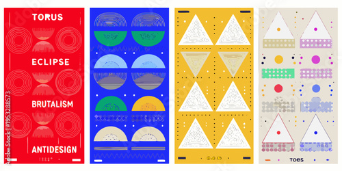 Four vertically oriented abstract geometric designs with vibrant color schemes