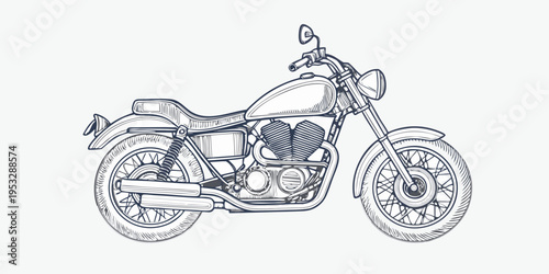 Sketch of a classic motorcycle with detailed engine and tire treads