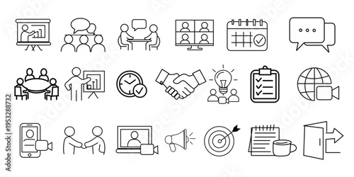 Meeting icon set. Contains such icons as seminar, business meeting, presentation, interview, conference, assembly, agreement and discussion icons, webinar, teamwork, coworking and 