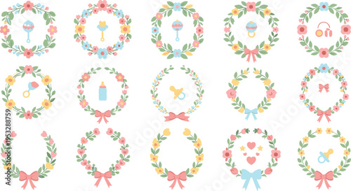 Baby Shower Floral Wreath Collection with Cute Icons Pacifier Bottle Rattle Headphones Pastel Vector Illustration Set