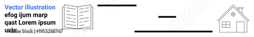 Distance learning, education at home, e-learning, remote work, knowledge transfer, self-study. Open book connecting with a house via lines. Distance learning and education at home concept