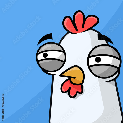 funny cartoon chicken head, rooster. Isolated blue background