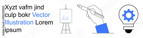 Creativity, innovation, design, artistic tools, problem-solving, productivity. A hand holding a pen, an easel and a lightbulb with a gear. Creativity and innovation