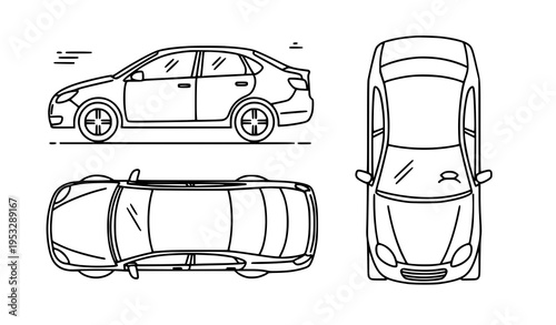 Outline car views set with side top and front angles modern line vector vehicle icons