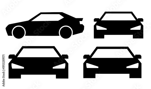 Geometric car silhouette set with side top and front views bold vehicle vector design