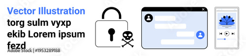 Cybersecurity, data protection, online threats, digital communication, mobile apps, information exchange. Lock and skull icon, chat window app screen. Cybersecurity and data protection concept