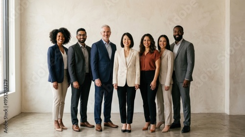 A diverse group of business professionals standing in a modern office setting.