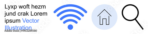 Connectivity, home-based solutions, search tools, digital platforms, wireless networks, online access. wireless signal, home icon magnifying glass. Connectivity and home-based solutions concept