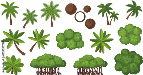 Tropical Plant and Palm Tree Icon Set Featuring Coconuts, Shrubs, and Lush Greenery