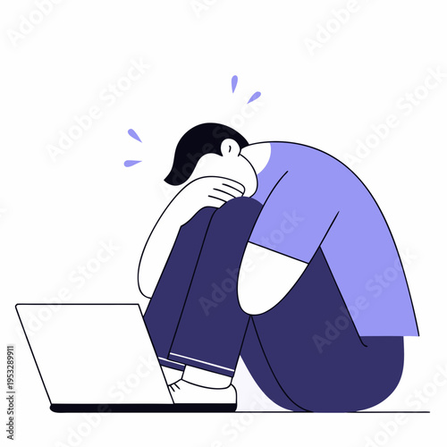 a man sits tiredly on the floor and bowed his head on his knees, next to him is a laptop, fatigue, depression, impotence, isolated object on a white background, vector ... See More