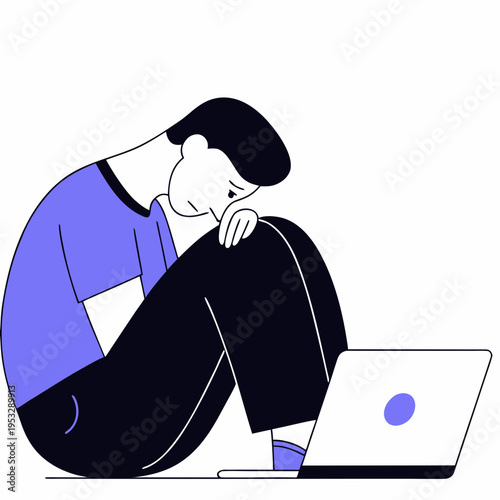 a man sits tiredly on the floor and bowed his head on his knees, next to him is a laptop, fatigue, depression, impotence, isolated object on a white background, vector ... See More