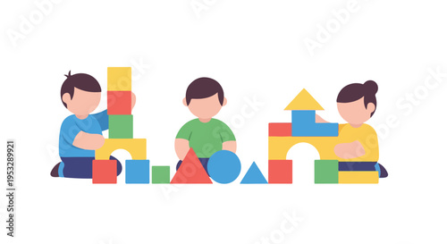 Three young children are sitting on the floor and playing with colorful building blocks, creating various structures together.