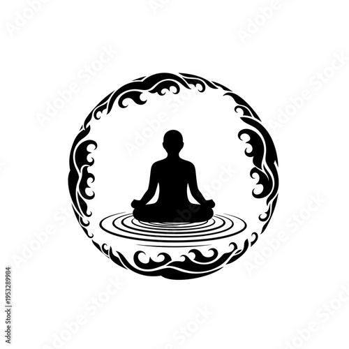 A person meditating in a serene circular design.