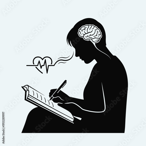 Person writing with heart and brain thoughts.