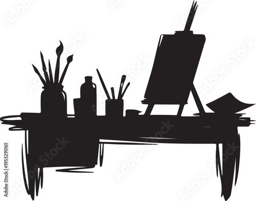Black silhouette of artist workspace with easel and brushes