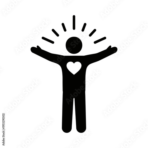 A person with a heart on their chest and arms outstretched in joy.