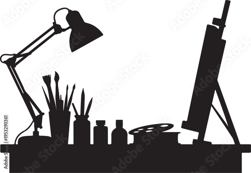 Black silhouette of artist workspace with easel lamp and painting