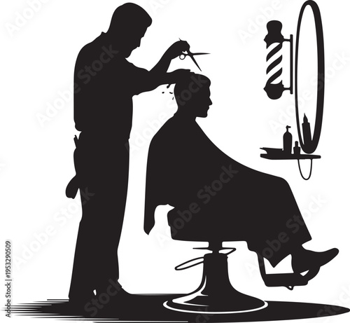 Black silhouette of barber cutting client's hair haircut