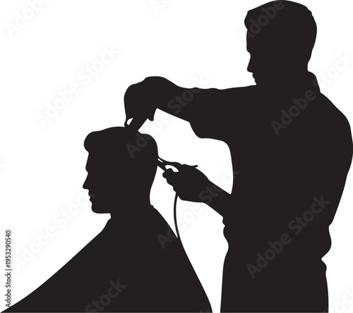 Black silhouette of barber cutting man's hair with clippers