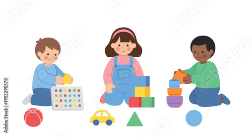 Three diverse children sit on the floor, happily playing with colorful educational toys like blocks, stacking cups, and a shape sorter.