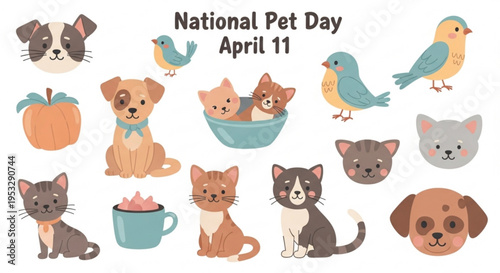 National pet day april 11 cartoon animals dogs cats birds apple coffee