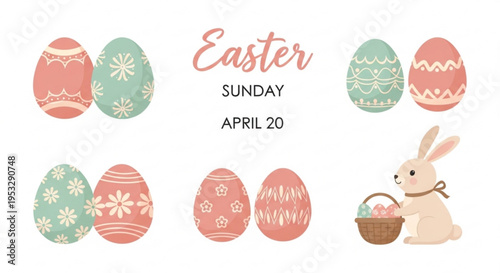 Easter sunday illustration with decorated eggs and bunny holding basket
