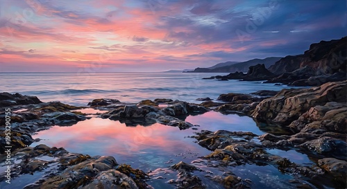 Serene coastal dawn paints the sky in vibrant hues, reflecting in still tide pools