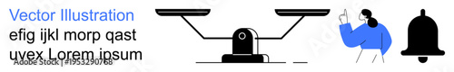 Legal balance, decision-making, communication, notifications, equality, user interface. a balance scale, a notification bell and a gesturing woman with placeholder text. Equality and decision-making
