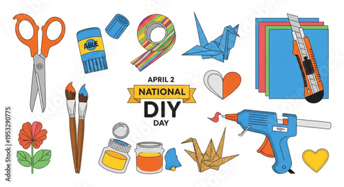 National diy day illustration with tools and supplies for crafting and handmade projects on april 2nd