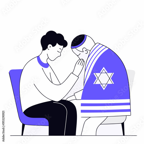 Shiva - Vector illustration of a Jew sitting on a low chair mourning his relative. His shirt is torn. In front of him on an ordinary chair sits a rabbi who comforts him. Flat colorful art painting. Se