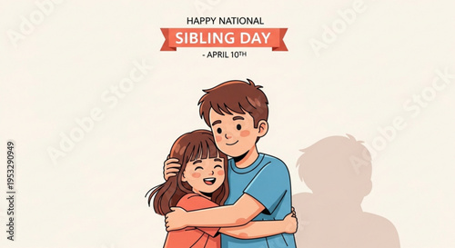 Happy national sibling day illustration with cartoon siblings hugging smiling and celebrating april 10th together