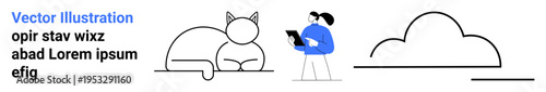 Technology, communication, creativity, pets, minimalism, abstraction. Line art of a cat, a person holding a tablet and a cloud. Creativity and communication concept