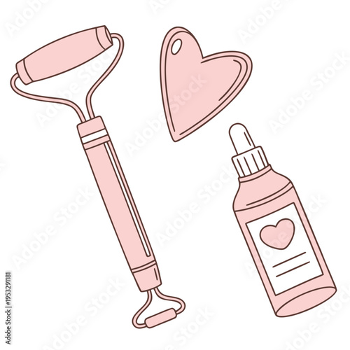 Skincare Tools Vector Set, Facial Roller Gua Sha Serum Bottle and Cream Tube Beauty Wellness Minimal Flat Design