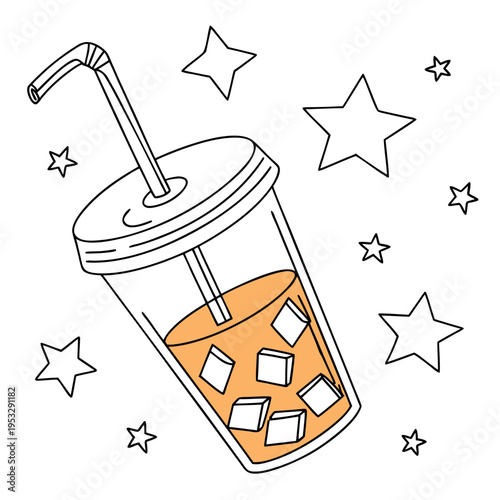 Iced Beverage Vector Illustration, Cold Drink in Plastic Cup with Straw and Decorative Stars Minimal Flat Design