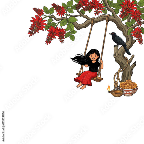 Happy Girl on a Rope Swing (Onchilla) under an Erabadu Tree with a Crow, Traditional Clay Lamp, and Kevum for Sinhala and Tamil New Year Celebration