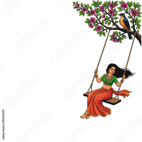 Sri Lankan Woman on a Swing (Onchilla) under Erabadu Tree with Onchilla Bird for Sinhala and Tamil New Year