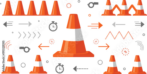 Traffic Cone Safety Elements Collection with Direction Arrows Warning Symbols and Road Construction Equipment Vector Illustration Set