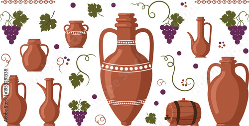 Ancient Wine Amphora Pottery Collection with Grape Vine Elements and Ceramic Vessels Traditional Mediterranean Vintage Clay Jar Vector Set