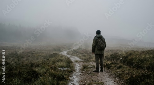 A person standing on a foggy path in a rural landscape, wearing a backpack and carrying a walking stick.