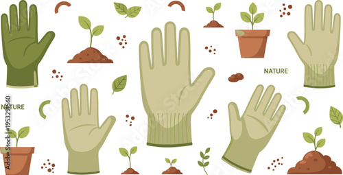 Gardening gloves vector set with plants soil seedlings and nature elements for eco farming illustration design