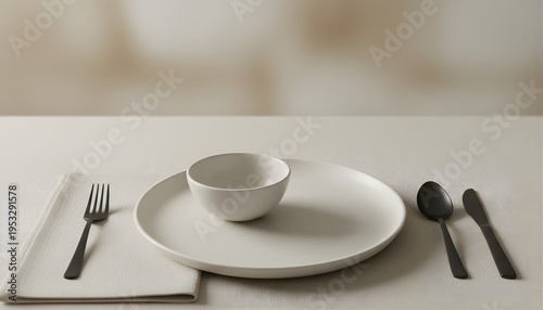 Minimal table setting with white plate and cutlery on neutral background. Perfect for dining concept, restaurant design, and clean lifestyle themes