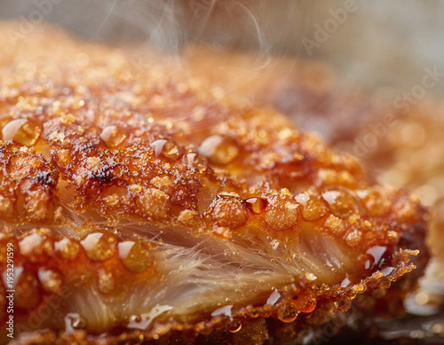 Close-up of Crispy Pork Belly with Crackling and Steam Rising, a Deliciously Cooked Meal