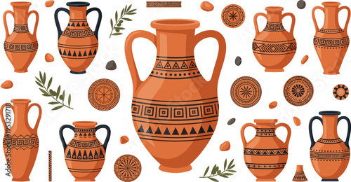 Ancient Greek pottery amphora vector set with decorative patterns traditional ceramic vases and classical ornament illustration