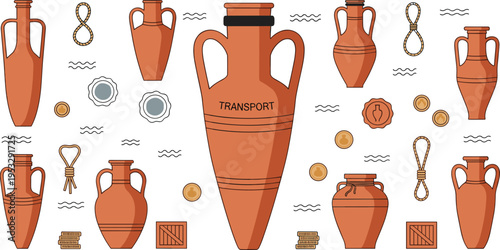 Ancient amphora transport vessel vector set with Greek pottery jars coins rope and maritime trade illustration