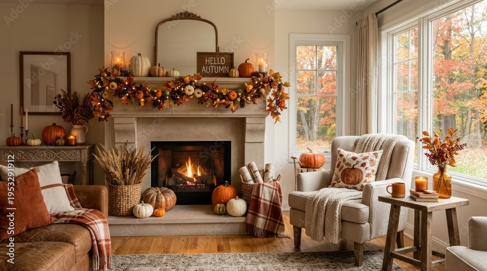 Naklejka premium A cozy autumnal living room with a fireplace, pumpkins, and a wooden mantel adorned with fall decorations.