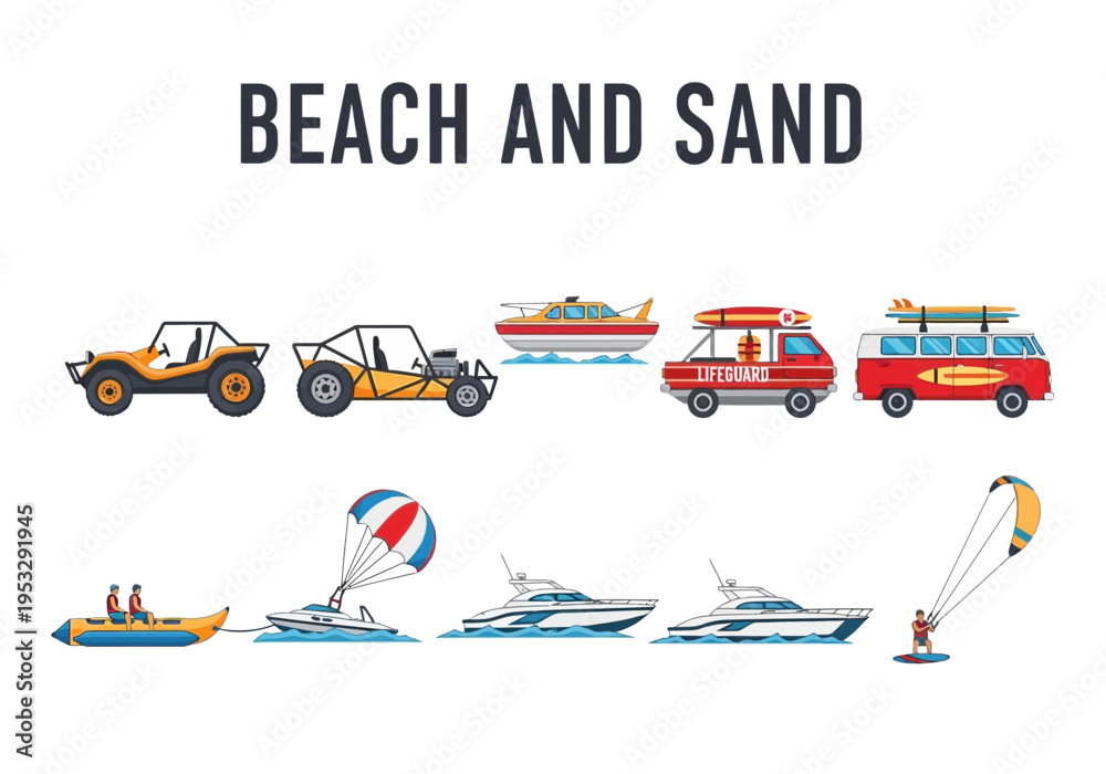 Φωτογραφία Collection of beach and sand vehicles and water sports equipment illustrations