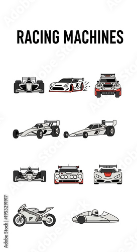 White illustration of various racing machines on a white background