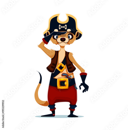 Cartoon meerkat pirate vector character dressed in red trousers, brown vest, with a big golden buckle and small pistol on the belt looking on distance. Meerkat corsair is saluting or lookout