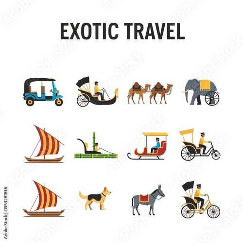 Twelve flat icons depicting various exotic travel methods and associated animals