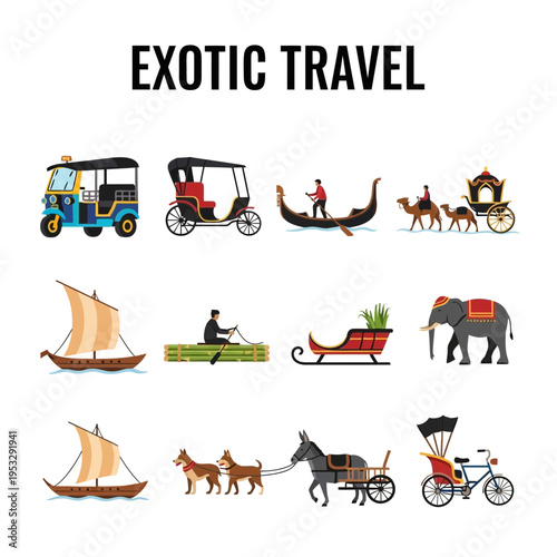 Twelve exotic travel methods illustrated in three rows featuring vehicles and animals